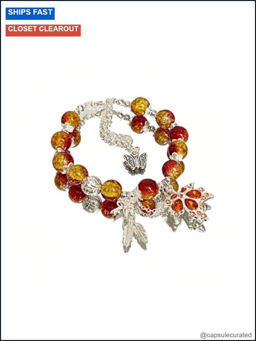Red Beaded Maple Leaf Charm Bracelet Strand Adjustable Fall Jewelry